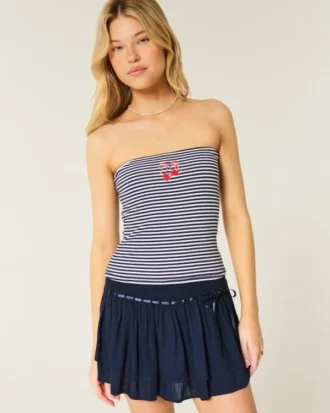 Geribbelde strapless geborduurde kersen tube top