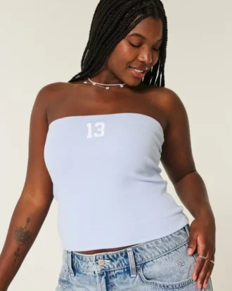 Geribbelde strapless tube top met print