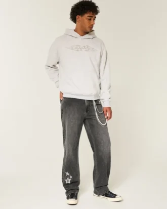 Gewassen zwarte baggy jeans met sterprint