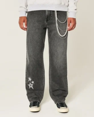 Gewassen zwarte baggy jeans met sterprint