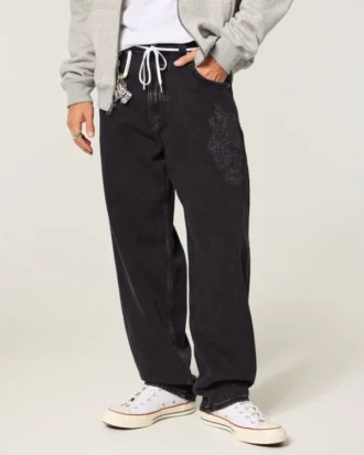 Gewassen zwarte Dragon Graphic Skater Baggy Jeans