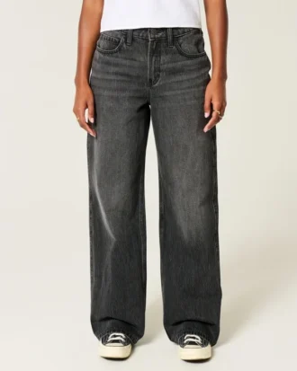 Hoge, gewassen zwarte baggy jeans