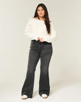 Hoge taille gewassen zwarte flare jeans