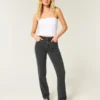 Hoge taille gewassen zwarte rechte jeans Hoge taille gewassen zwarte rechte jeans