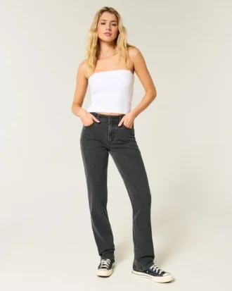 Hoge taille gewassen zwarte rechte jeans