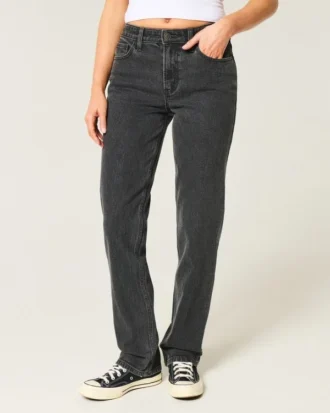 Hoge taille gewassen zwarte rechte jeans