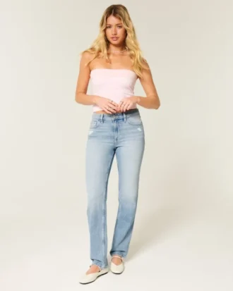 Hoge taille, licht gewassen rechte jeans met distressed effect