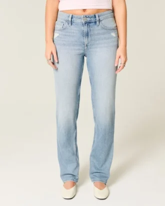 Hoge taille, licht gewassen rechte jeans met distressed effect