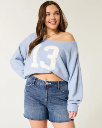 Hoge taille, medium donkere wassing, relaxte denim shorts 5″
