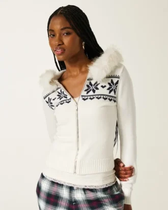 Hoodie met nepbontrand Fair Isle-trui met ritssluiting