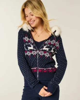 Hoodie met nepbontrand Fair Isle-trui met ritssluiting