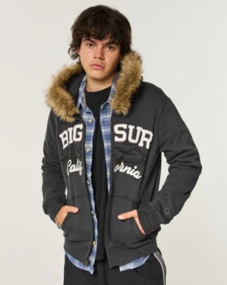 Hoodie met rits en afwerking van imitatiebont en Big Sur-afbeelding