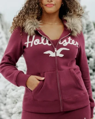 Hoodie met rits, logo en rand van imitatiebont