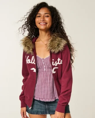 Hoodie met rits, logo en rand van imitatiebont