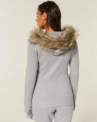Hoodie met rits, logo en rand van imitatiebont