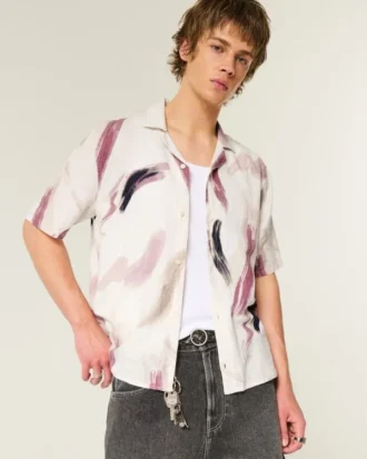 Katoen-linnen gemengd shirt met korte mouwen en patroon