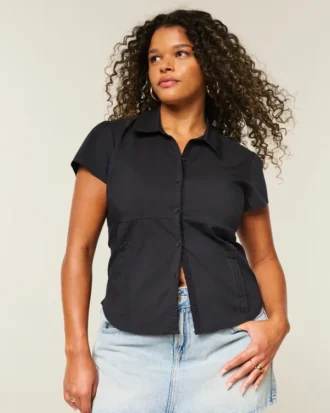Korte mouwen stretch popeline overhemd met knopen