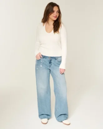 Laag model, licht gewassen baggy jeans met kettingborduursel