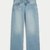 Laag model, licht gewassen baggy jeans met kettingborduursel Laag model, licht gewassen baggy jeans met kettingborduursel
