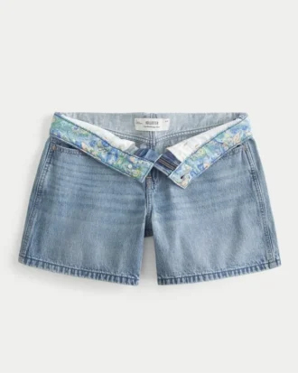 Laag model, medium wassing, omgeslagen taille, baggy denim shorts 5″