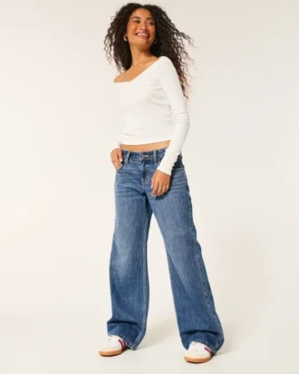 Laag uitgesneden baggy jeans in donkere wassing