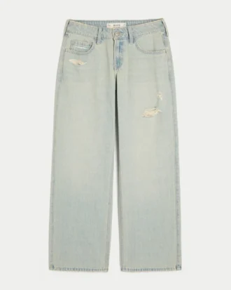 Laag uitgesneden baggy jeans met lichte wassing en distressed effect
