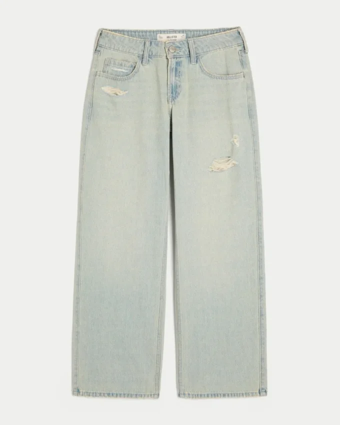 Laag uitgesneden baggy jeans met lichte wassing en distressed effect Laag uitgesneden baggy jeans met lichte wassing en distressed effect