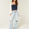 Laag uitgesneden baggy jeans met lichte wassing en scheuren