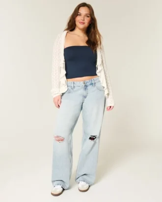 Laag uitgesneden baggy jeans met lichte wassing en scheuren