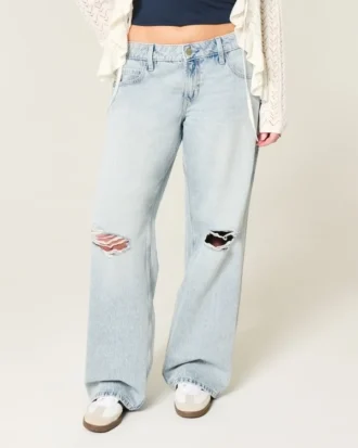 Laag uitgesneden baggy jeans met lichte wassing en scheuren