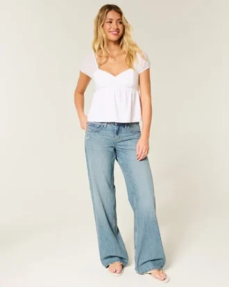 Laag uitgesneden baggy jeans met vlinderprint en medium wassing
