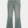 Laag uitgesneden bootcut jeans met vlinderborduursel, medium wash Laag uitgesneden bootcut jeans met vlinderborduursel, medium wash