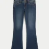 Laag uitgesneden donkerblauwe bootcut jeans