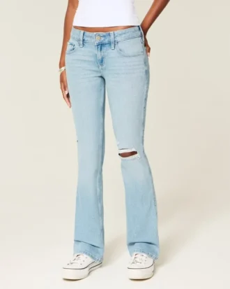 Laag uitgesneden, lichtgewassen bootcut jeans met scheuren en borduursels