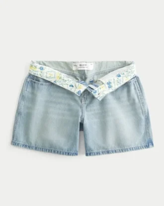 Laag uitgesneden, lichtgewassen, omgeslagen taille, baggy denim shorts 5″ Laag uitgesneden, lichtgewassen, omgeslagen taille, baggy denim shorts 5″