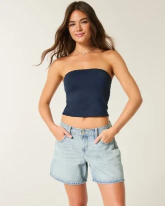 Laag uitgesneden, lichtgewassen, omgeslagen taille, baggy denim shorts 5″ Laag uitgesneden, lichtgewassen, omgeslagen taille, baggy denim shorts 5″