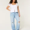 Laag uitgesneden, lichtgewassen, relaxed straight jeans met scheuren Laag uitgesneden, lichtgewassen, relaxed straight jeans met scheuren