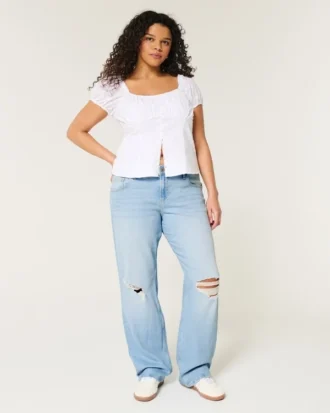 Laag uitgesneden, lichtgewassen, relaxed straight jeans met scheuren
