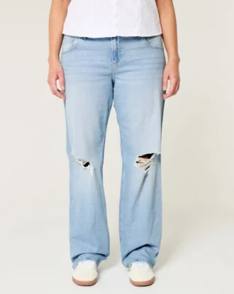 Laag uitgesneden, lichtgewassen, relaxed straight jeans met scheuren