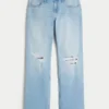 Laag uitgesneden, lichtgewassen, relaxed straight jeans met scheuren Laag uitgesneden, lichtgewassen, relaxed straight jeans met scheuren