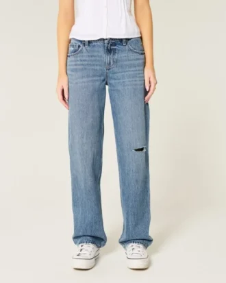Laag uitgesneden, losse jeans met scheuren en medium wassing