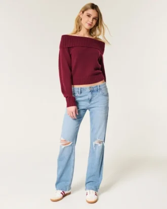 Laag uitgesneden, medium gewassen, relaxte rechte jeans met scheuren