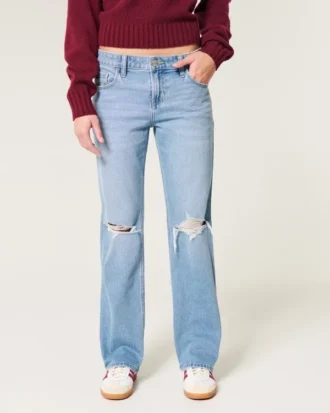 Laag uitgesneden, medium gewassen, relaxte rechte jeans met scheuren