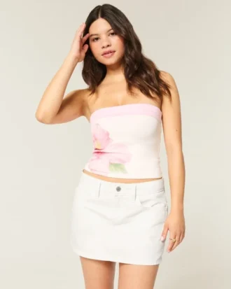 Laag uitgesneden witte denim minirok