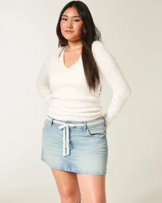 Lage taille denim minirok met kanten strik