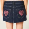 Lage taille donkerblauwe geruite denim minirok met zakken