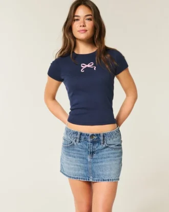 Lage taille geborduurde strik denim minirok