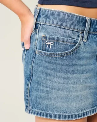 Lage taille geborduurde strik denim minirok