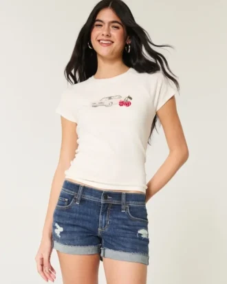 Lage taille, gescheurde, donkerblauwe denim short
