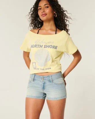 Lage taille, lichtgewassen denim short met bloemenprint en zakken